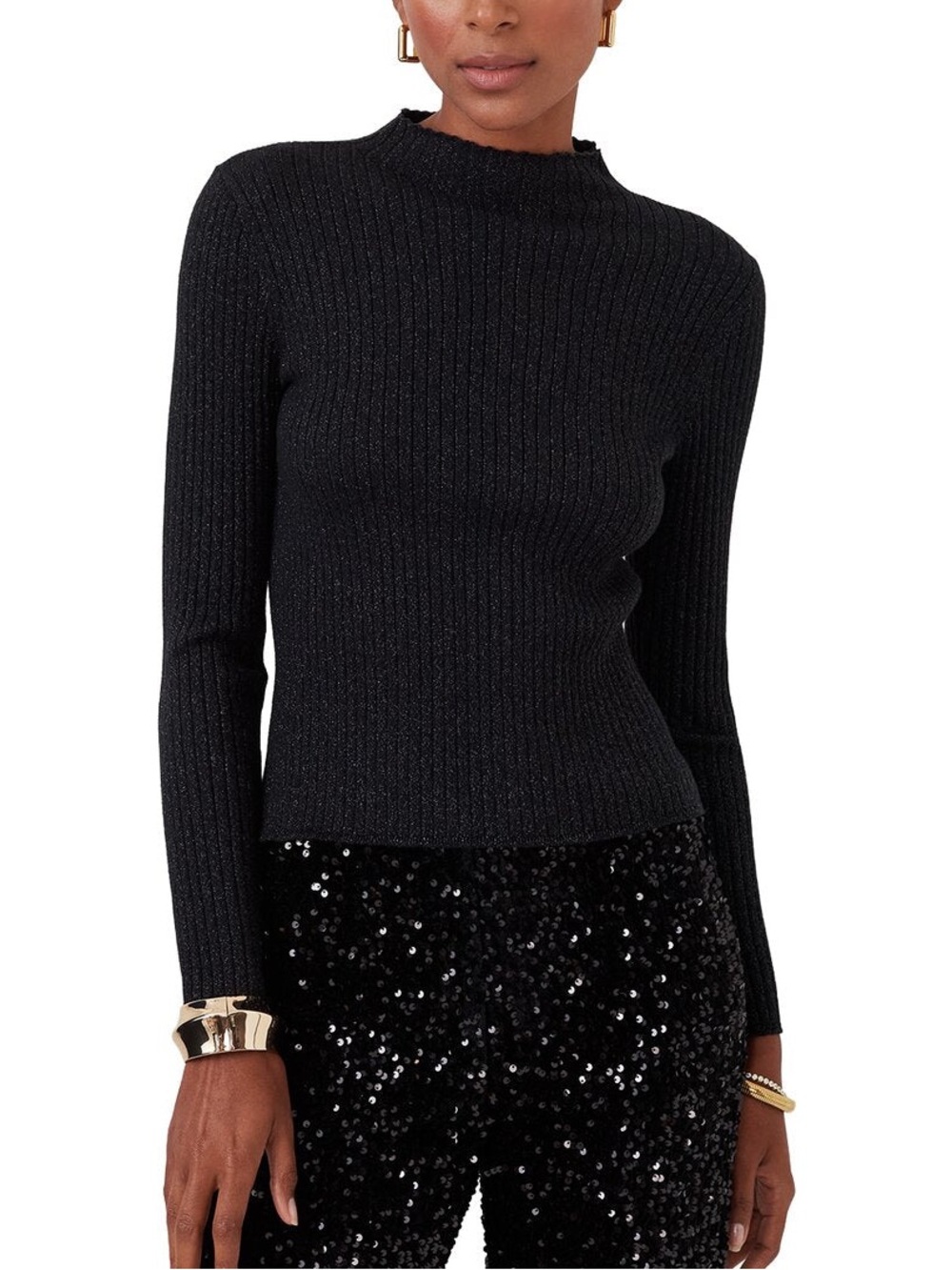 J. McLaughlin Ribbed Knit Metallic Mock Neck Pullover Sweater